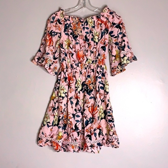 LULUs floral pink off shoulder ruffle spring tea party mini dress bell sleeve xs - Picture 1 of 6